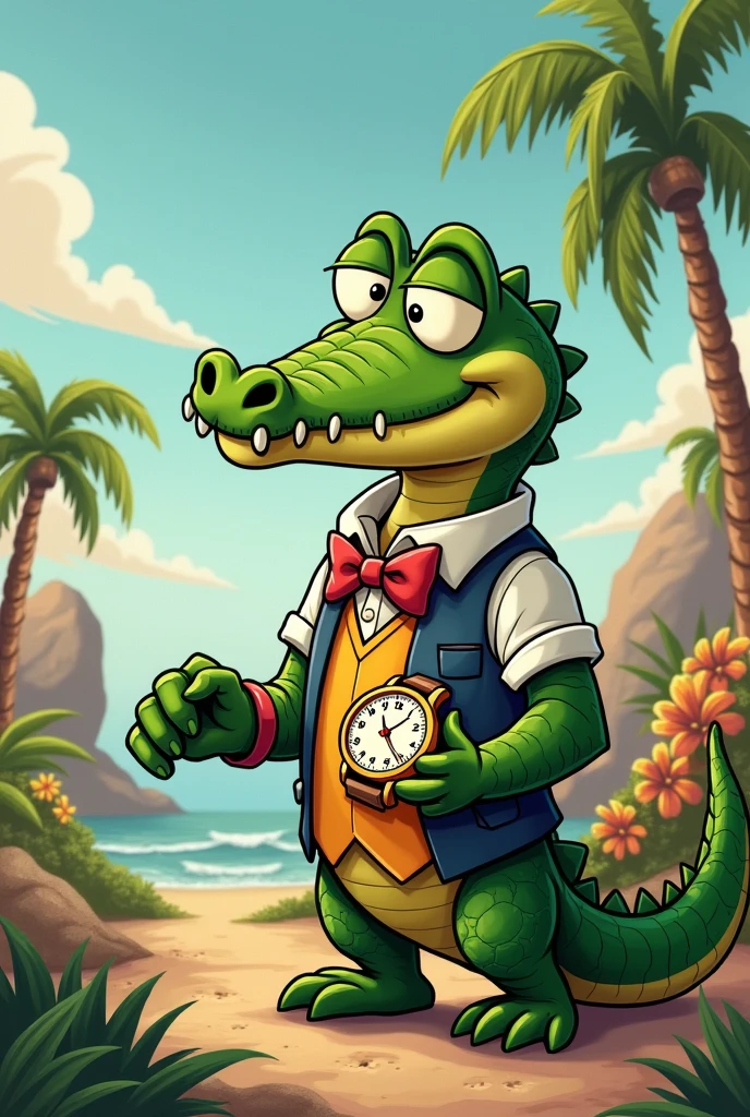 Cartoon of a crocodile looking at his wristwatch