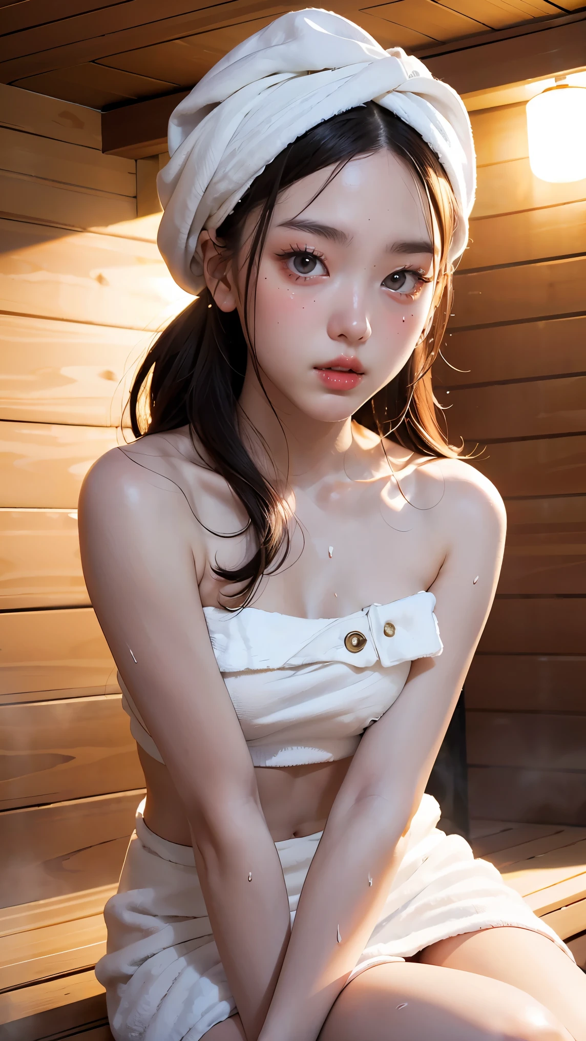 1Girl, Solo, (Masterpiece, Best Quality, 8K,,Photorealistic, real girl, mulberry:1.37), looking up at viewer, 1 dainty Japan, Slender body type: 1.1, Small breasts, Sitting, sauna, Double eyelids, Droopy Eyes, A dark-haired, (Sweaty face, Sweaty body: 1.2): 0.2, (White Oversized Towel Dress, strapless), (small in size, White Towel Turban: 1.1),, realistic body, makeups, Gloss slip, focus on face, smaller face, Sharp focus, Layered Cut, facing the viewer, The sauna has the following.., shot from the front