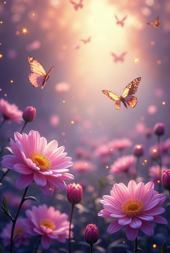 kawai background,beautiful,blooming flowers,purple color shades,flying butterflies,gold dusted in every where,
