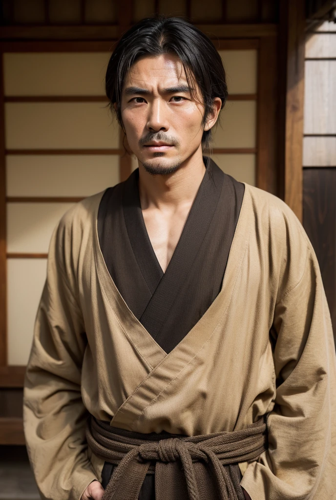 handsome (Japan) farmer, Beggar's costume, Provocative image, perfect face, Tall and strong, 8k quality, The details and texture quality are ridiculously frowning.,