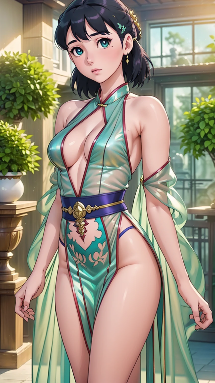 (Hyperrealistic), (illustration), (high resolution), (8K), (Extremely detailed), (Best Illustration), (Beautiful detailed eyes), (Best quality), (Ultra-detailed), (Masterpiece), (the wallpaper), (Photorealistic), (Natural light), (rim lit), (Detailed face), (Highly detailed realistic skin textures), (Anatomically correct), (Solo), (1 girl), (high detailed realistic hair), (Blue hair:1.2), spiked hair, (Heterochromic eyes), (detailed green eyes), (Small moles under the eyes), (Realistic big breasts:1.5), (Exposed breasts:1.3), (Long legs), (Slender abs), (Dynamic pose), (Closed mouth:1.3), (traditional Hanfu attire), (Sheer clothes:1.5), NSFW,nakeness