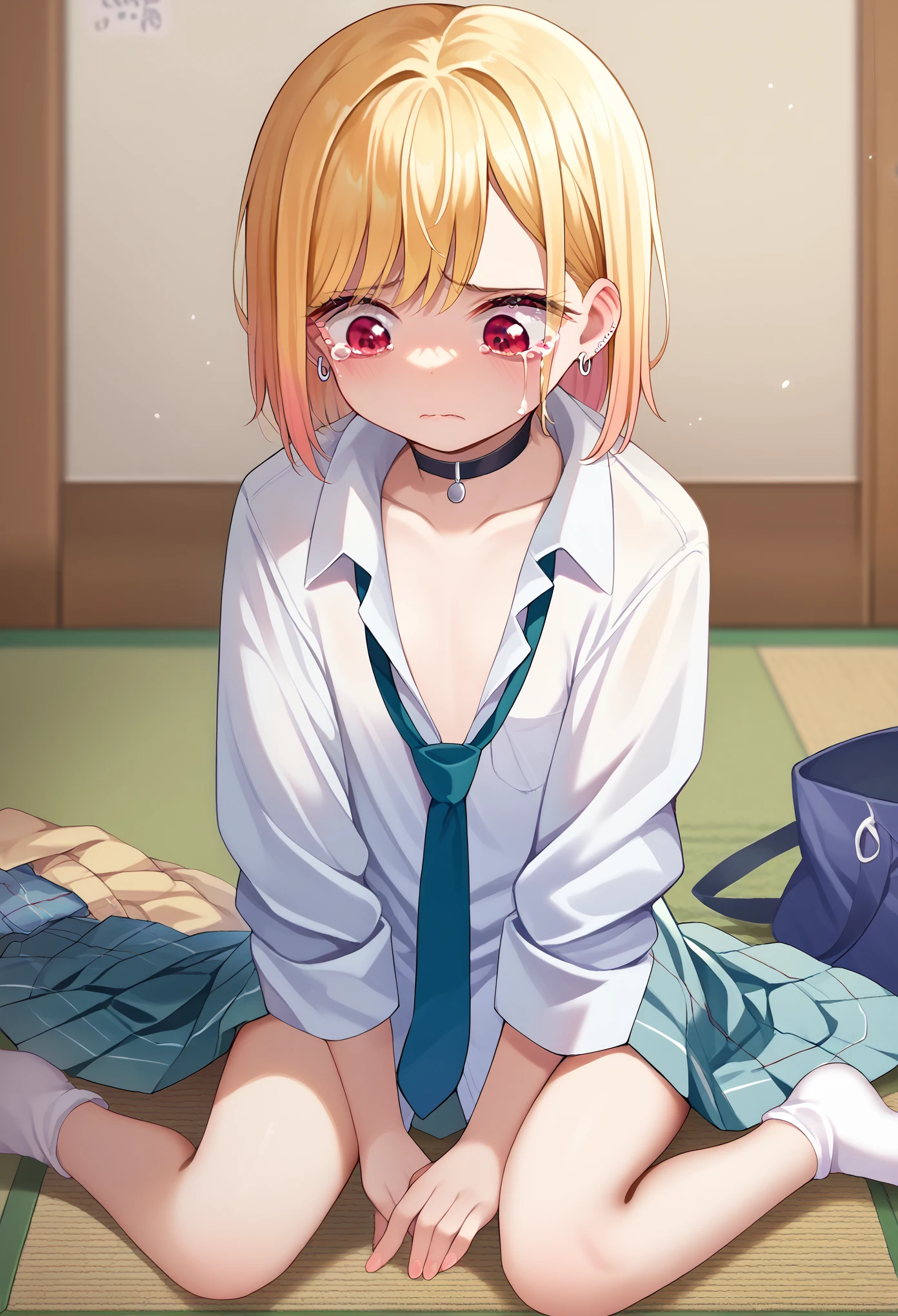 score_9, score_8_up, score_7_up, score_6_up, source anime, (****), kid, flat chest, nirampnxl, kitagawa marin, 1girl, solo, blonde hair, red eyes, short, hair, necktie, school uniform, bare legs, white socks, black choker, skirt, earrings, white collared shirt, long sleeves, unbouttoned shirt, sitting on ground, nervous, sad, sobing, crying, looking down, bedroom, AgeRegression, Oversized Clothes