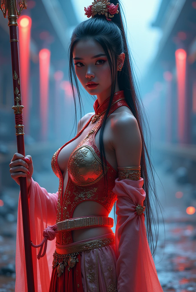 masterpiece, best quality, official art, extremely detailed CG unity 8k wallpaper,absurdres,8k resolution, exquisite facial features, prefect face, Cinematic Lighting, dynamic lighting, volumetric lighting maximalist photo illustration: by Marton bobzert, 8k resolution concept art intricately detailed, complex, elegant, majestic, ecstasy, fantastical, aspect ratio:16:9, shining Ancient Chinese Wuxia suit, Fantasy detailers, a woman (Beautiful face, young, Supermodel) in Epic Ancient Chinese Wuxia suit, neon light armor, straight long hair, standing holding a spear, Fantasy detailers, looking_at_viewer, front view, sexy woman, big breasts,