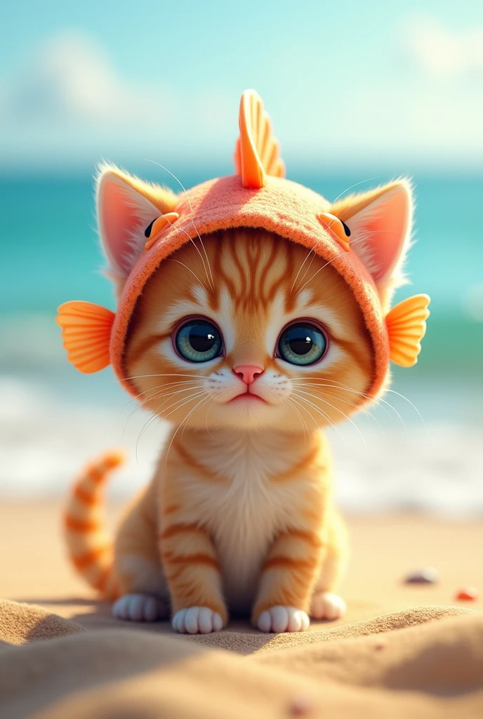 kitten　cute　Fish Headgear　Sandy beach background　Real