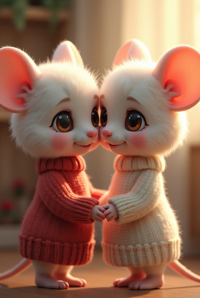 a pair of twin mouse girls, short fluffy white hair, big round mouse ears, white sweaters, holding hands, ((dark brown eyes)), beautiful, glossy lips, detailed eyes, detailed portrait, digital illustration, 8k, hyperrealistic, highly detailed, cinematic lighting, warm color palette