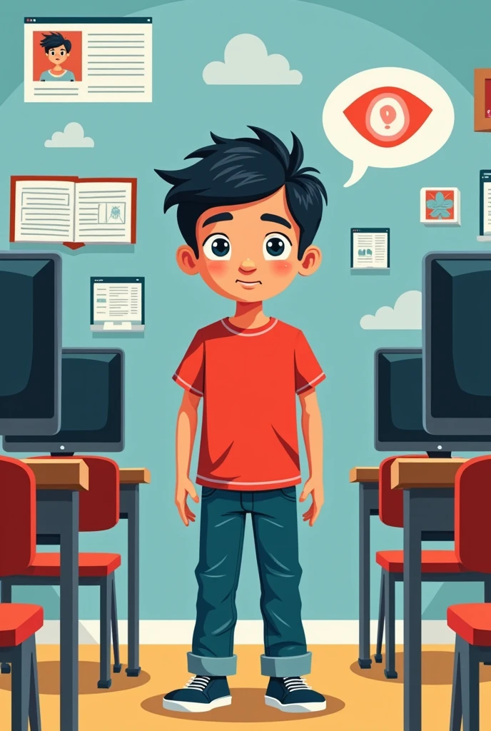 Create a poster about a kid who is telling his classmates not to look into other people's files.. in Spanish