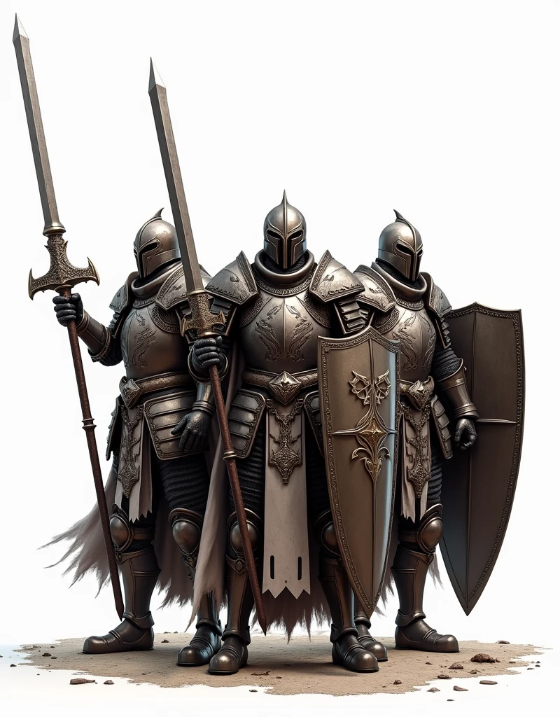 three armored warrior, two holding swords, one holding hammer, white background