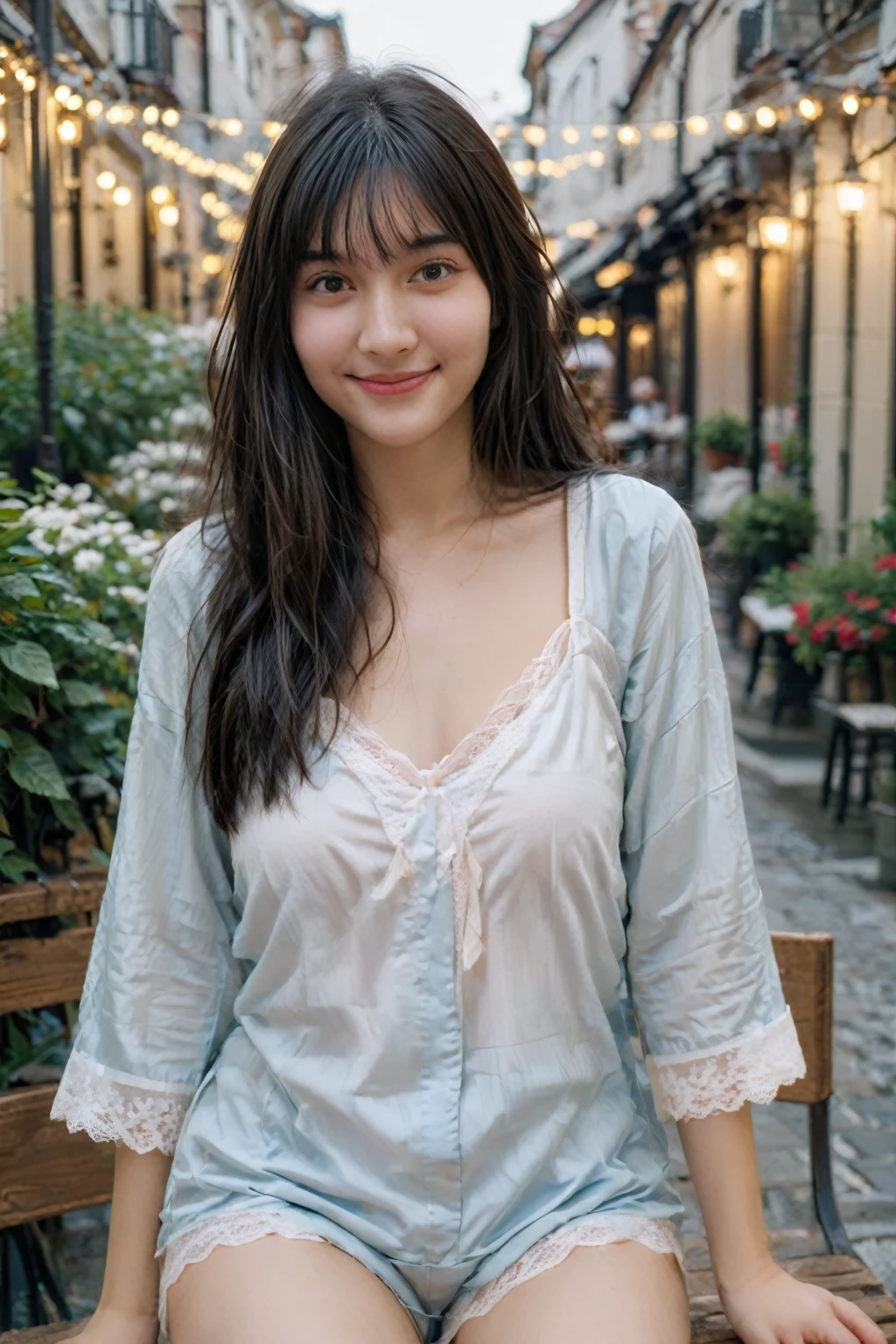 A high-resolution, wide angle shot, 4K portrait of a beautiful 20-year-old woman with a happy smile, detailed skin, and clear eyes. 
She has long, messy black hair with bangs and dark brown eyes with slight dark circles, looking at viewer. 
The image features natural, soft lighting with a low contrast and film grain effect. 
She has perfect shaped medium breast. 
She is dressed in Cotton Camisole and Boxer Shorts Set
Description: A white cotton camisole with lace trim paired with blue cotton boxer shorts. The camisole is fitted with adjustable straps, while the boxer shorts are loose for comfort and ease of movement.
Accessories: Pair with white ankle socks, a robe, and a mug of coffee as a prop for that relaxed morning feel.
Sitting in An outdoor cafe with small tables and chairs set on a cobblestone patio, surrounded by potted plants and string lights overhead. The cafe has a cozy, relaxed atmosphere with umbrellas providing shade and a view of a busy street or a garden. 
The composition emphasizes ultra-detail, sharp focus, and vivid colors, with HDR and UHD quality, capturing a whimsical and dreamy aesthetic with a bokeh background. Looking at viewer