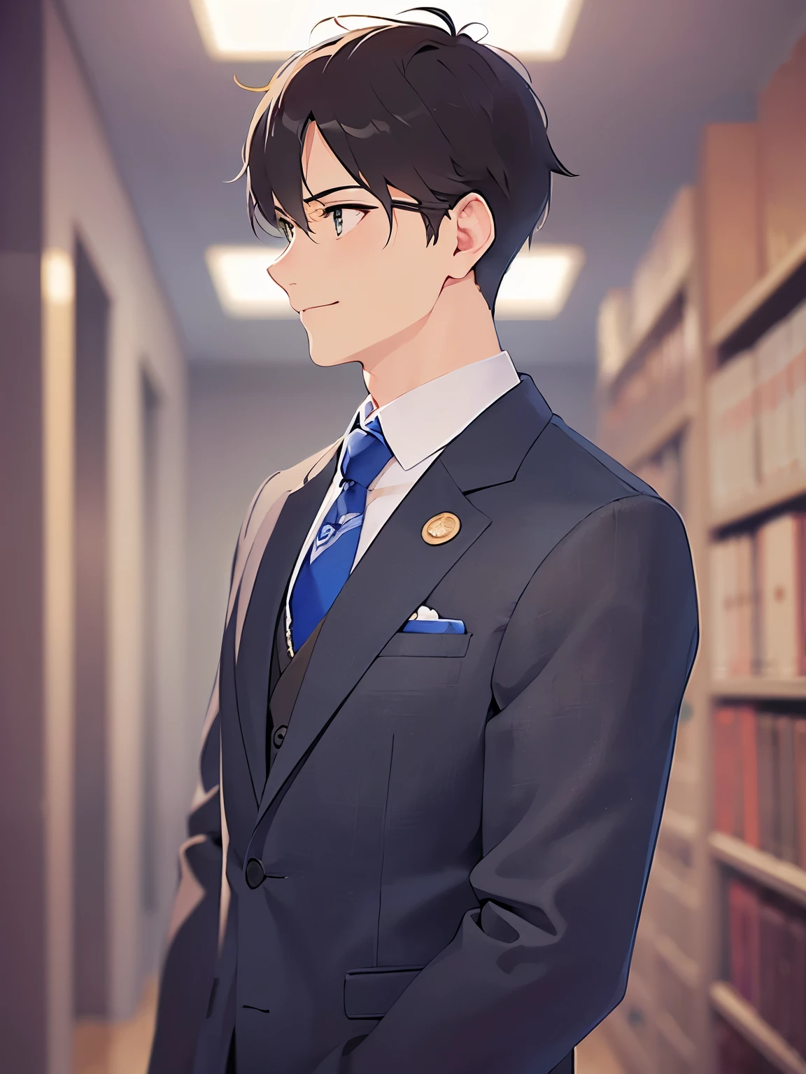 Upper Body,masterpiece,Highest quality,(Male 2:1.5) and (Brown short hair) and (Green Eyes), (Wearing a suit:1.3) and (Blue tie),(smile),The background is the reference room.,(Alone:1.5),(looking away:1.5)