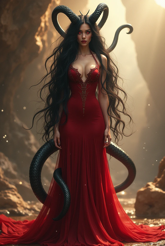 Masterpiece, best quality, RAW photo, high resolution, artwork by apterus. snake queen,horns on head, Medusa:1.3,(mermaid: 1.2),(Elongated snake tail: 1.3)),very beautiful, Sensual, voluptuous, Large chest and thin waist, Long black hair, sharp red eyes,Stand straight , red dress,full bodyesbian, The lighting is bright,sparkling,(ohwx |), very clear, 8K