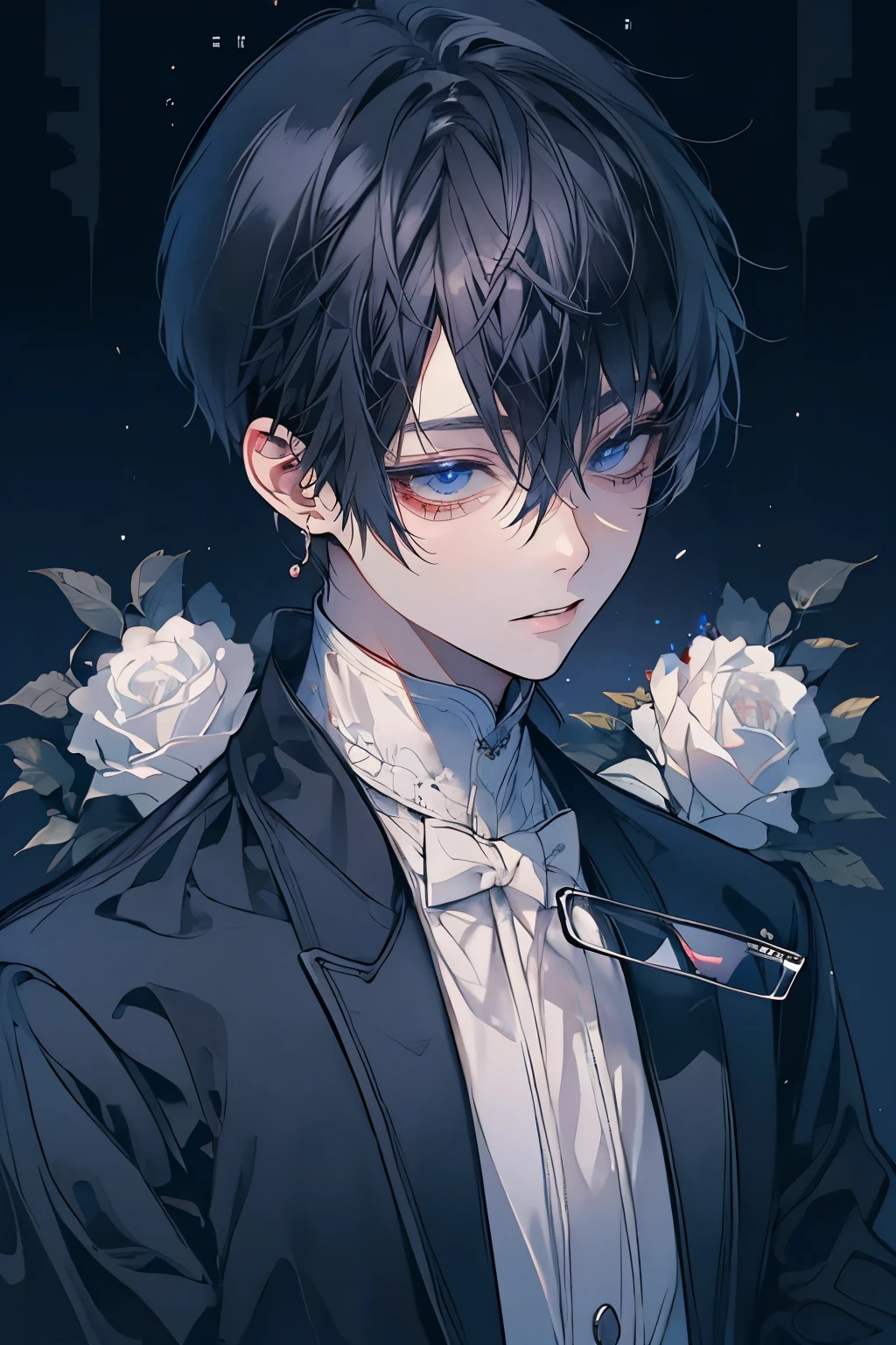 (Mastepiece)、(Best Quality)、Very detailed、((One man:1.5))、Perfect Face、Beautiful Face、Very detailedな顔、(Black Hair:1.3)、Black butler uniform、(Glasses:1.5)、(White gloves:1.3)