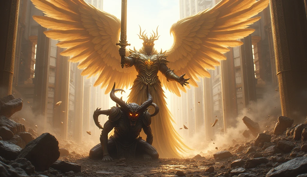 A War Demon in black and gold colors sitting on a pile of angel bodies named alpha