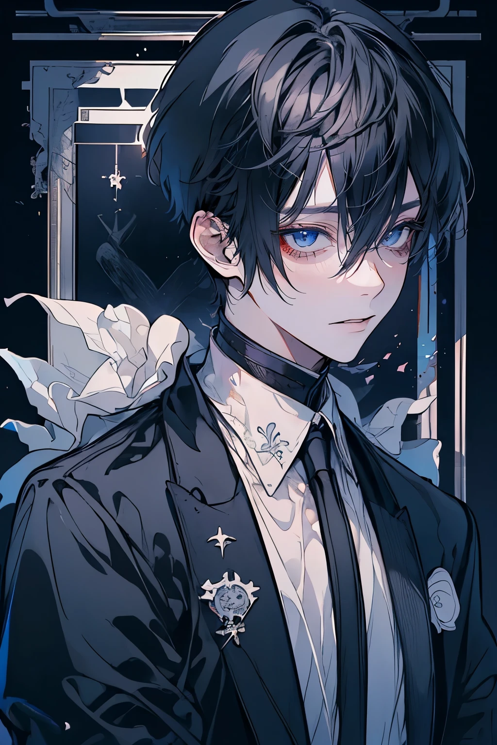 (Mastepiece)、(Best Quality)、Very detailed、((One man:1.5))、Perfect Face、Beautiful Face、Very detailedな顔、(Black Hair:1.3)、Black butler uniform、(Glasses:1.5)、(White gloves:1.3)