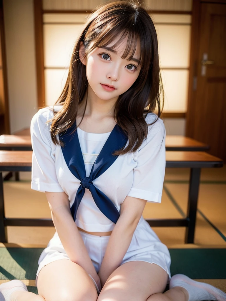 Highest quality、Face Focus、Soft Light、Ultra-high resolution、(Photorealistic:1.4)、RAW Photos、 1 Japanese Girl、solo、cute、(pupil、Eye light)、Detailed beautiful face、(Small breasts)、(High resolution detail of human skin texture)、 (Long Hair)、 Sailor suit,M-shaped legs,whole body,classroom
