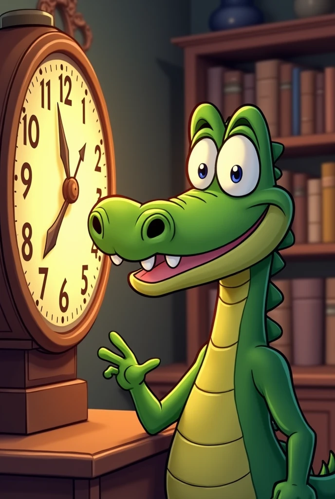 Cartoon of a crocodile looking at the clock
