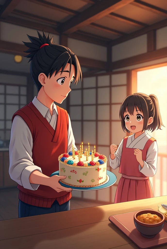 Create an art of Tanjiro holding a birthday cake, with Nezuko in the kitchen, and Tanjiro arriving with the cake saying happy birthday to Nezuko