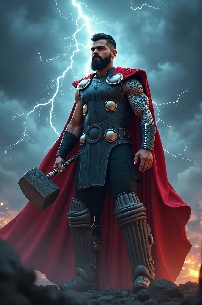 Here's a prompt you can use to create an AI image of Virat Kohli as Thor:
"Create an image of Virat Kohli portrayed as Thor from Norse mythology. He should have the powerful physique of Thor, wearing a traditional Asgardian armor with a red cape flowing behind him. In one hand, he should be holding a large, glowing Mjölnir, the iconic hammer. The background should depict a stormy sky with lightning striking down, emphasizing his god-like presence. Kohli’s face should be recognizable, with his intense expression and signature beard."
This prompt should give you a dynamic and heroic image of Virat Kohli as Thor.