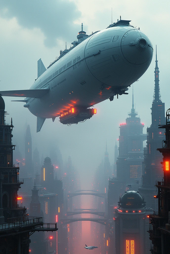 airship flying Over vaporpunk city, vapor, Super detailed