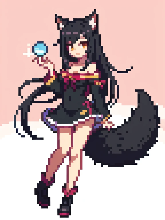 anime character of a woman in a black outfit with a cat tail, ahri, very beautiful anime cat, Attractive cat girl, nekomimi, anime catgirl, female anime character, official character art, anime girl wearing a black dress, anime moe art style, anime character, cute anime cat girl, ahri from league of legends, fox and bush