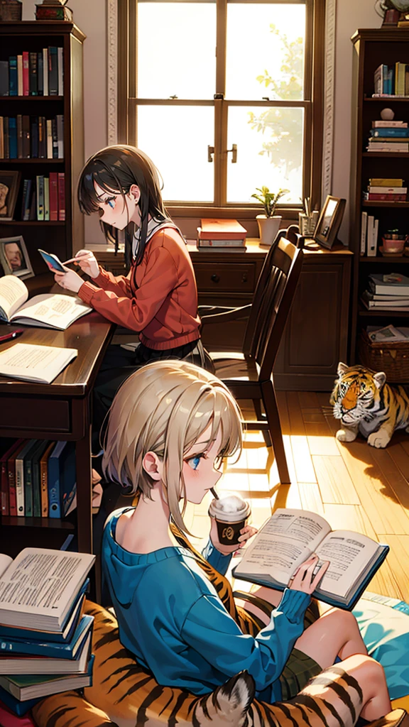 woman, tiger, aniaml, doll, cute, small, one room, warm, studying, books, coffee