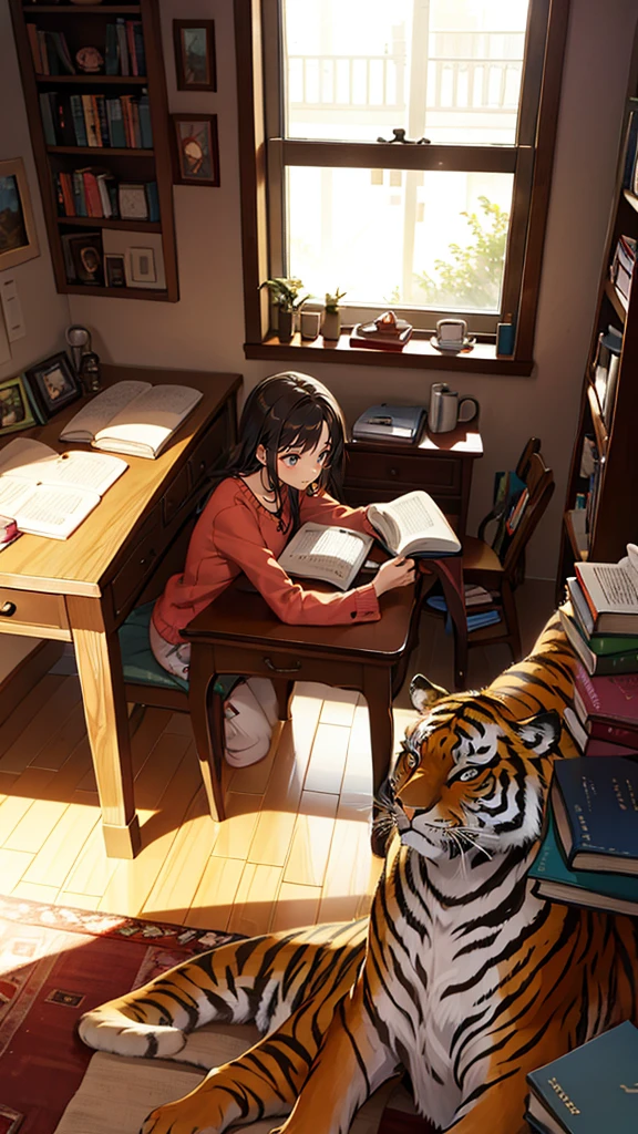 woman, tiger, aniaml, doll, cute, small, one room, warm, studying, books, coffee