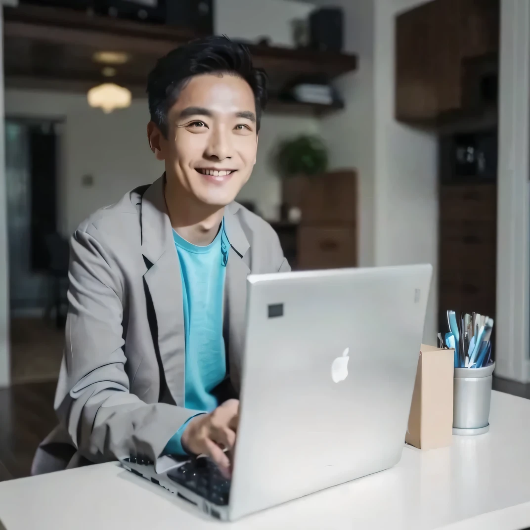 A smiling man in his 30s wearing a suit and sitting at a table with a laptop, Laptop on your lap, In front of the computer, Working on a laptop at a desk, Creative computer coder, sitting in front of a computer, sitting in front of a computer, Asian Man, Reddit post, Advanced Technology, Professional Profile Photo, sitting in front of a computer desk