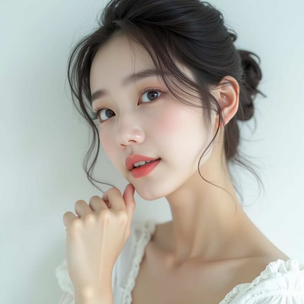 "A young Korean woman in her early to mid-20s is captured against a white background, with the focus on her upper body. Her appearance has a slightly exotic allure, enhanced by elegant makeup that highlights her natural beauty. Her posture and expression exude grace and sophistication, perfectly showcasing her refined elegance."