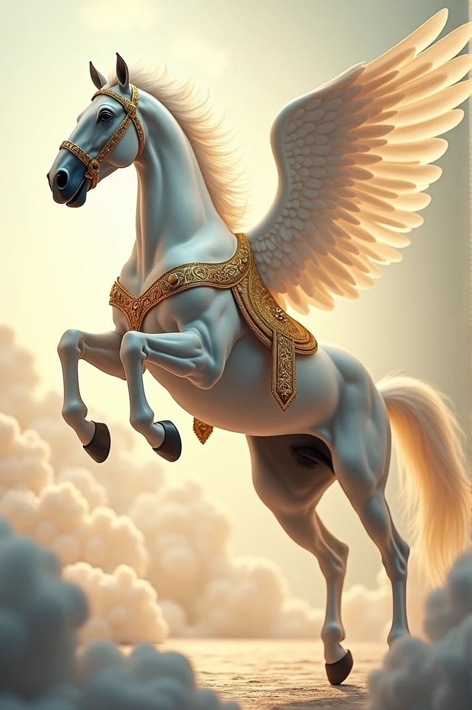 white horse in angel jump with gold colored harness the word freedom in 3d