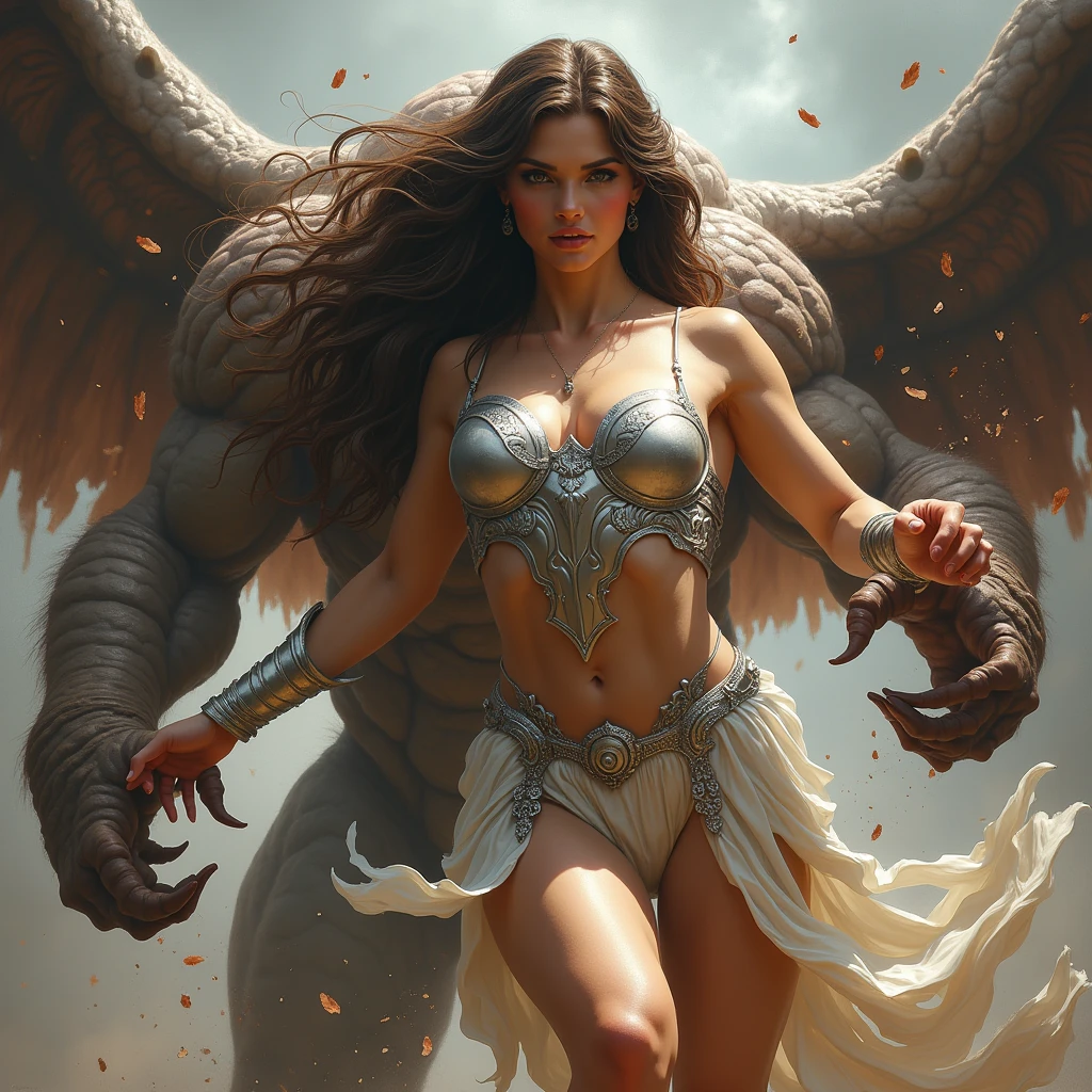 A slight tanned Goddess like athena, body like a sculpture in platinum armor with long beautiful brown hair and deep dark brown eyes, ripping apart a monster with her bare hands, epitome of beauty 