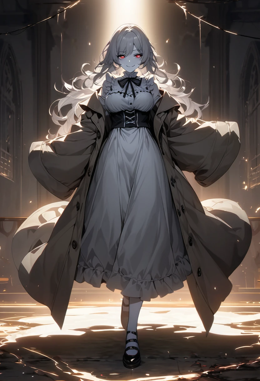 A mature woman with grey hair and an unsettleing smile and peircing yet dull deep red eyes. A large baggy tan great coat over a large ankle lenght grey trench coat. Underneath both coats is a 1890's asylum maid uniform. Low light, little light, dim, dingy, pale skin, red eyes, long grey flowing hair, full body artwork.