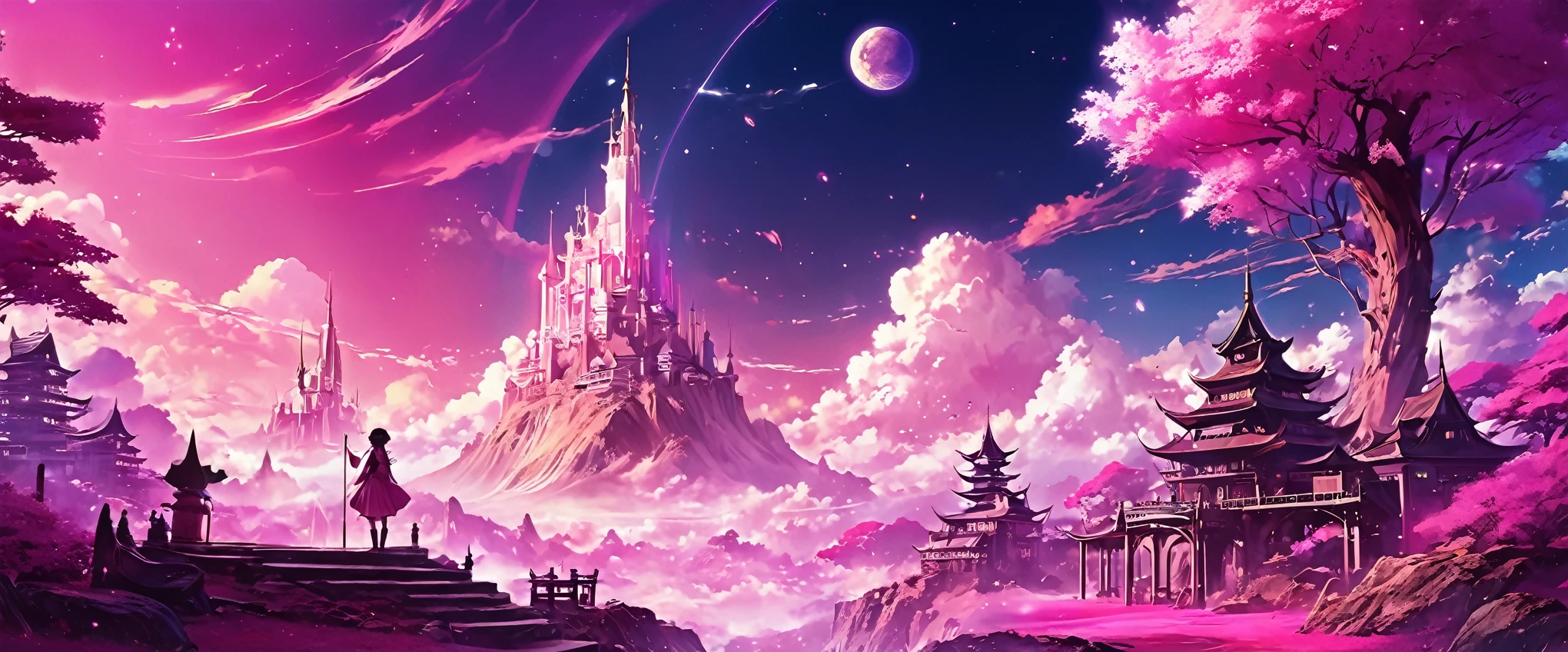 anime fantasy world magic full color,imaginary world,Pink tones