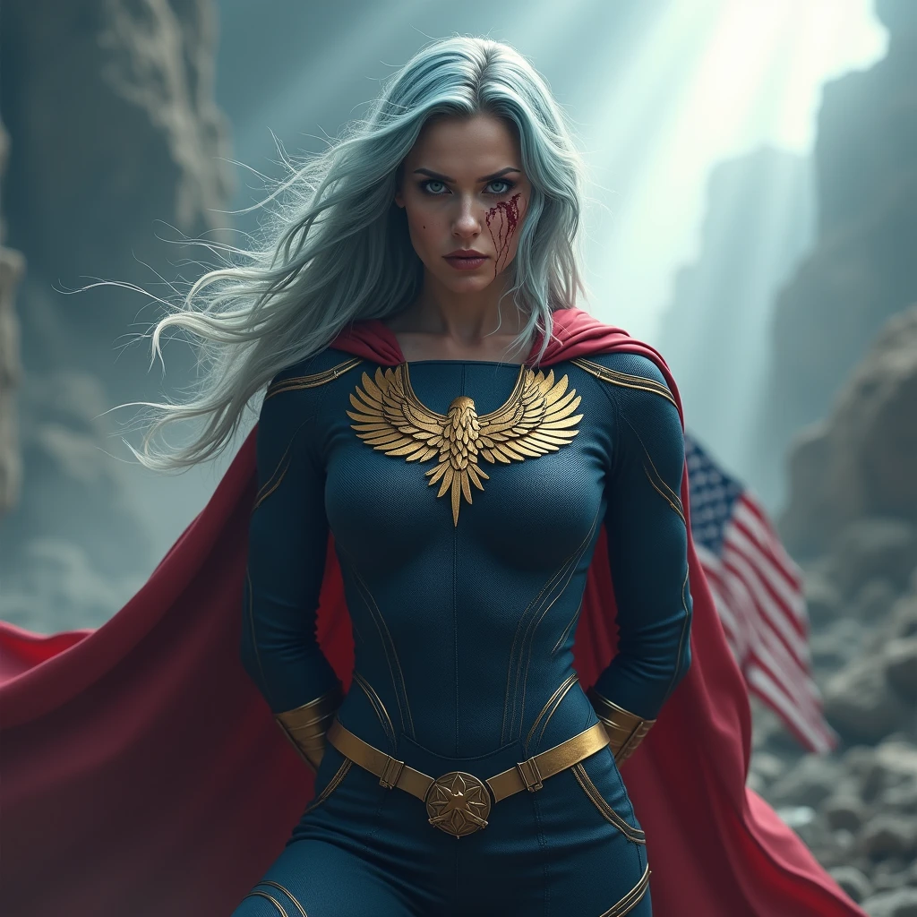 A powerful superhero character in a dramatic action pose, She has her hands behind her back. She wears a full dark blue, textured bodysuit with golden accent like heads of eagle on her shoulders and wear red long gloves until her elbows. She have got long light blue hair, light blue eyes, large breast. She has a severe and stern expression. A large and imposing American flag cape billows behind her, adding a sense of movement to the scene. There are stains of blood on her face ,The atmosphere around her is misty, with beams of light piercing through the clouds, highlighting the figure in a heroic manner, photorealistic