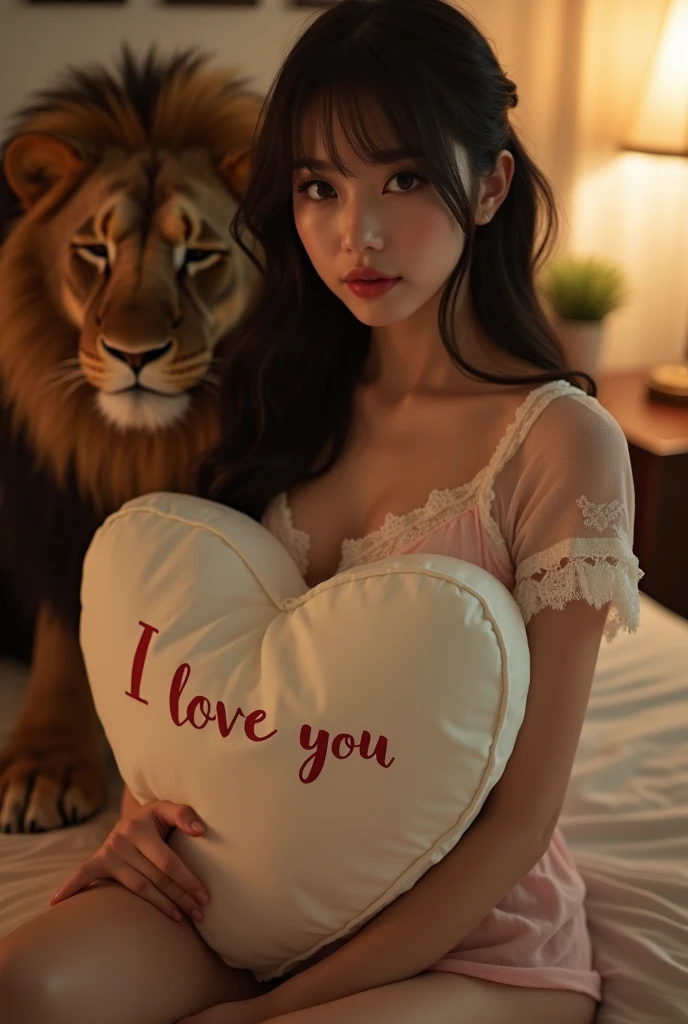 A Japanese woman wearing a lace T-shirt pajamas sitting on the bed, Holding a big pillow，It says "I love you" It says, Her big breasts are partially covered by the pillow, Sexy but not revealing，Looking at the audience, full-body shot, A lion sitting next to him，Movie Lighting, glow,