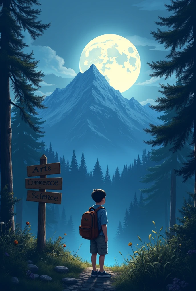 A beautiful full moon in the night over the mountain forest.and there are a boy with his school bag and he thinks where he was go and there is many way like ,Arts , commerce, science ,in the board sign