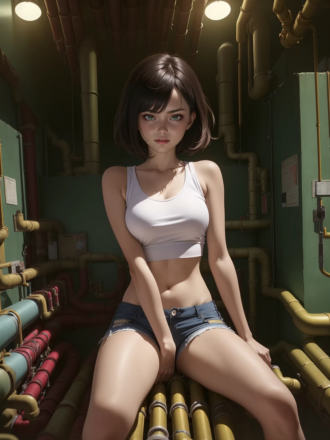 An alluring girl, brown hair, bob cut hair, expressionless, closed mouth, shorts, crop top, sneakers, (straddling:1.2) a tube, (best quality, high resolution, outstanding composition, masterpiece:1.4), (technology, machinery, pipes, tubes:1.5), (manga linework:1.2), high details
