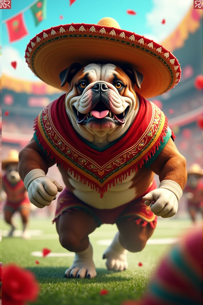 Bulldog playing football dressed for fiesta Mexico with the words let’s go bulldogs