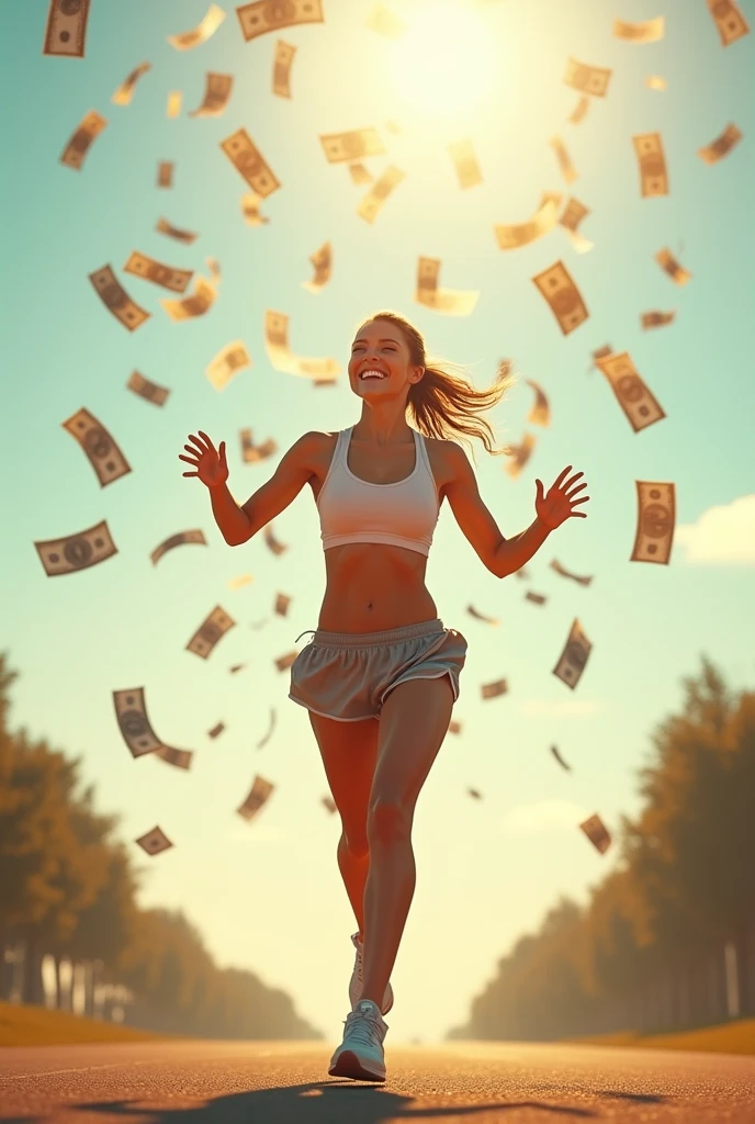A beautiful female runner smiles happily, looks up, spreads her arms, and waits to receive money, which is falling from the sky in large amounts. 