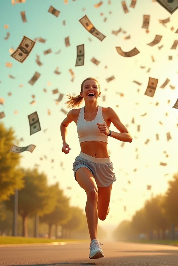 A beautiful female runner smiles happily, looks up, spreads her arms, and waits to receive money, which is falling from the sky in large amounts.
