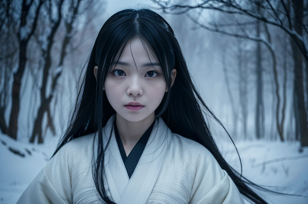 **Prompt:** Create an ultra-realistic 8K image of Yuki-onna, the snow spirit from Japanese folklore, reimagined as the embodiment of ultimate terror while retaining her iconic features. Yuki-onna is depicted with ghostly pale, almost translucent skin that glows faintly in the dark, giving her an eerie, otherworldly presence. Her long, jet-black hair flows wildly, partially obscuring her face, with strands sticking to her frozen skin. Her eyes are a chilling icy blue, piercing through the darkness with a malevolent, haunting gaze that instills fear in all who meet it.
She wears a tattered white kimono that seems to be made of ice and frost, clinging to her thin, spectral frame. The kimono is torn and ragged, as if she has been wandering the frozen wilderness for centuries. Her fingers are elongated into sharp, claw-like nails, covered in a thin layer of frost, ready to grasp and drag her victims into the abyss.
The background features a desolate, snow-covered forest under a pitch-black sky, with twisted, barren trees that look like they’re reaching out to grab anyone who dares enter. A thick fog rolls through the scene, obscuring the ground and creating an unsettling sense of dread. The air is thick with an unnatural coldness, and the only sound is the crunch of snow underfoot, followed by an ominous silence.
Yuki-onna's expression is one of cold, unfeeling cruelty, with a faint, sinister smile playing on her lips. The scene captures her as the ultimate figure of fear, a ghostly presence that haunts the frozen night, embodying the terror of the winter spirits in the darkest corners of folklore.