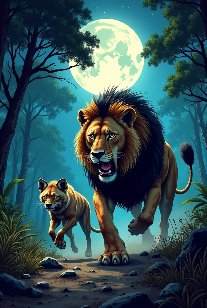 A hyena running in fear along with a strong and fearless lion, the scene is already night, the sky has a huge moon and bright stars being covered by some trees in the forest, I want the scene to be dramatic and create a sense of suspense, comic book style.