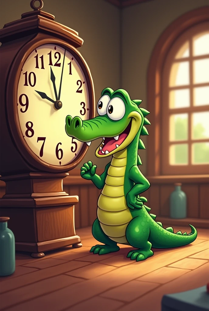 Cartoon of a crocodile looking at the clock