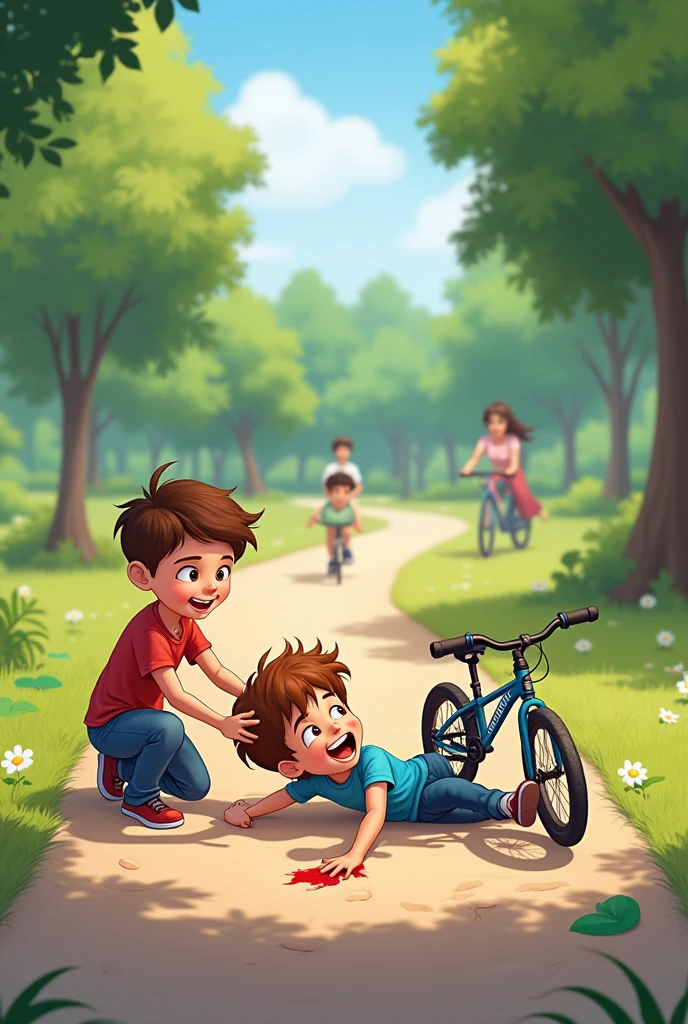 my, He was happily riding his bike in the park.. However, He suddenly lost his balance and fell to the ground.. His knee hit the asphalt hard and started bleeding immediately. my, while wincing in pain, His friend immediately ran to help him.. We cleaned his wound together, They put a band-aid on it. my, Even though he was a little hurt, he decided to ride his bike again..