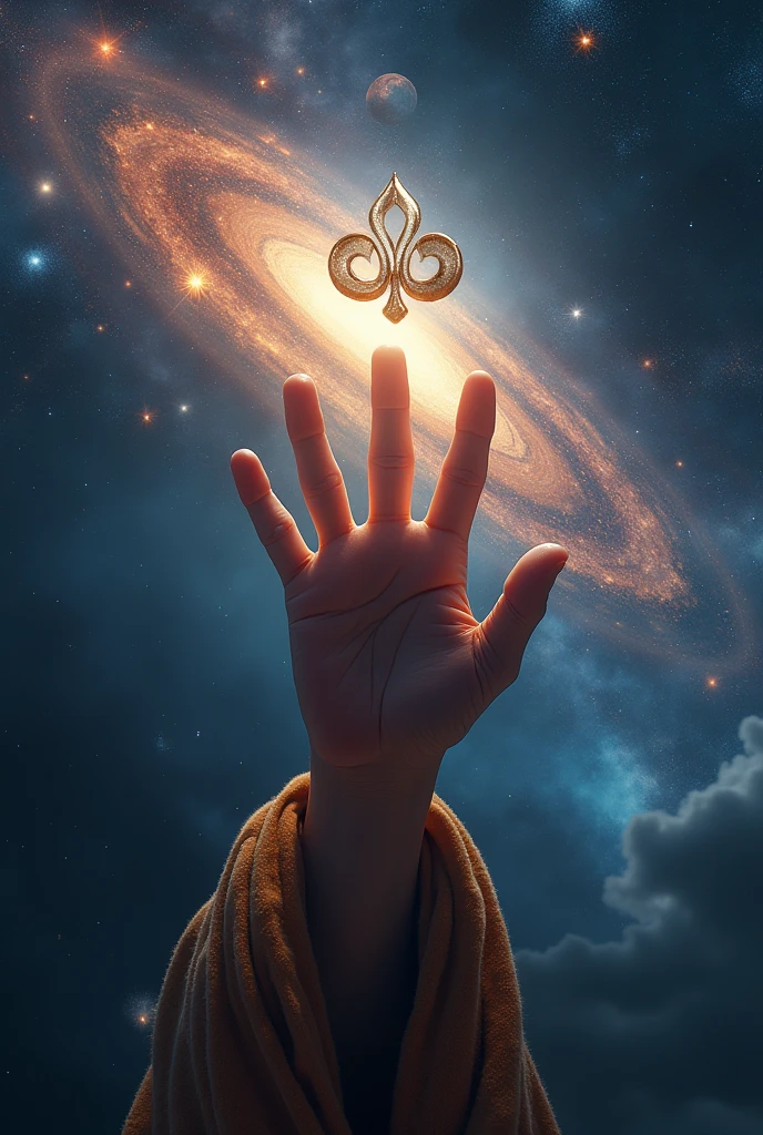 (photorealism:1.2), holy hand of saint pinting upwards finger to sky and sky is having galaxy and planets all over the sky and fist is closed but finger is in upward direstion above there is sikh religious symbol