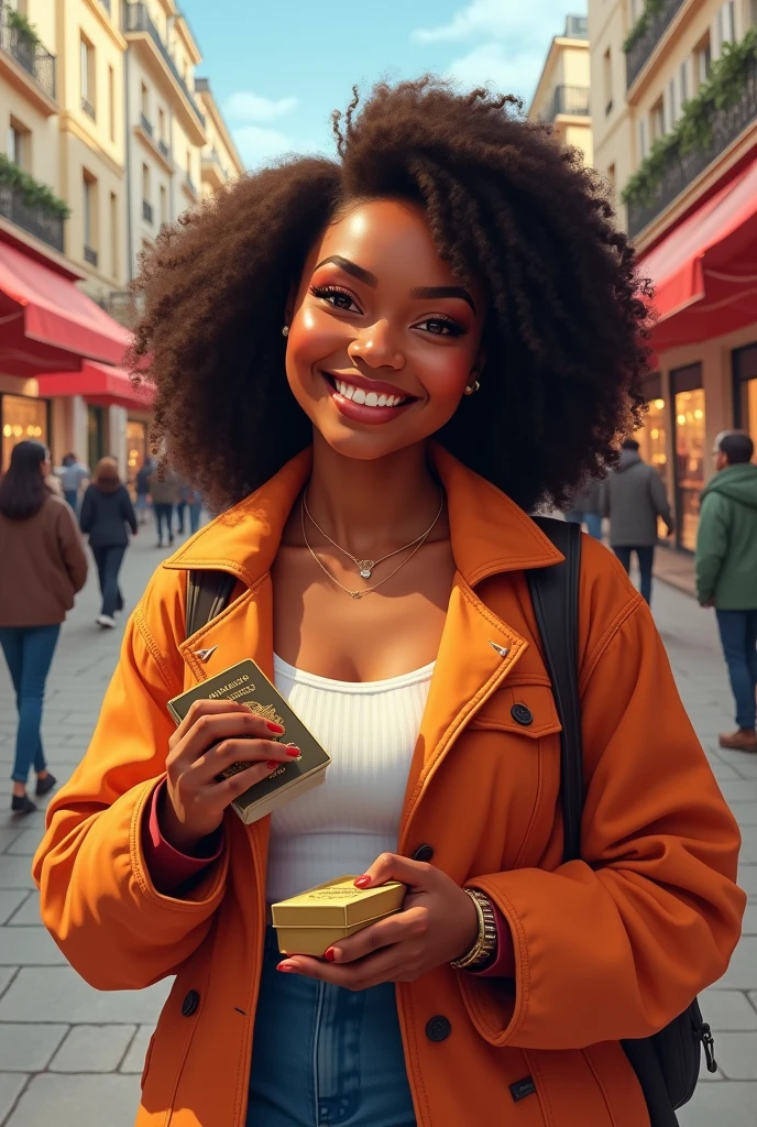 A beautiful chubby dark skin girl on her trip to Paris hold her box and passport 