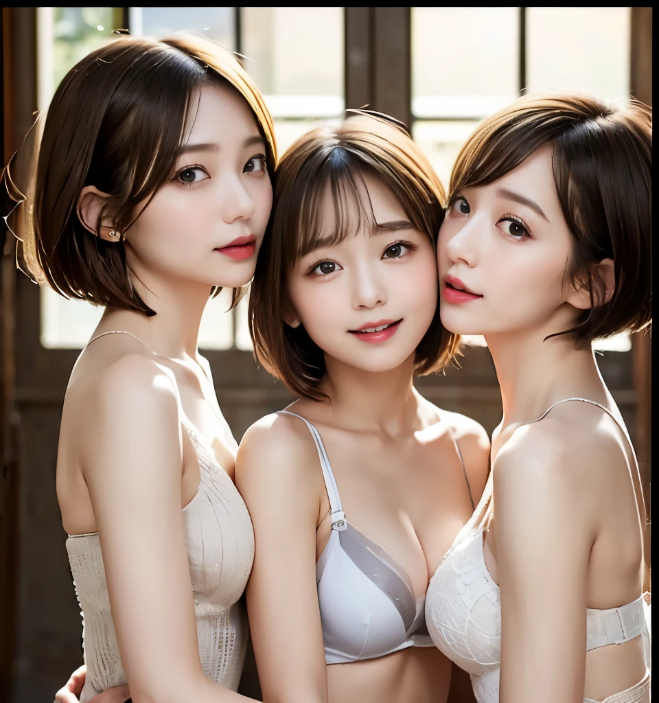 Highest quality、8k、Best image quality、Professional Lighting、Natural light、Ultra-high resolution、Clear photos、Beautiful and delicate skin、No makeup、thin、very cute３people々々、(Bian、same-sex love、Love Each Other)、White skin、(Very short hair:1.6)、Brown Hair、(Small breasts、Flat Chest)、Large erect nipples、Exquisite appearance、(Affectionate３people々々:1.8、kiss３people々々:1.8、Embrace each other:1.8、Put your lips on it:1.6)、Detailed Background、３people々々々idol group member:1.6、(Wearing white underwear:1.8、Small underwear、See-through underwear)、Full body photo、(Expressions of joy、Ecstasy)
