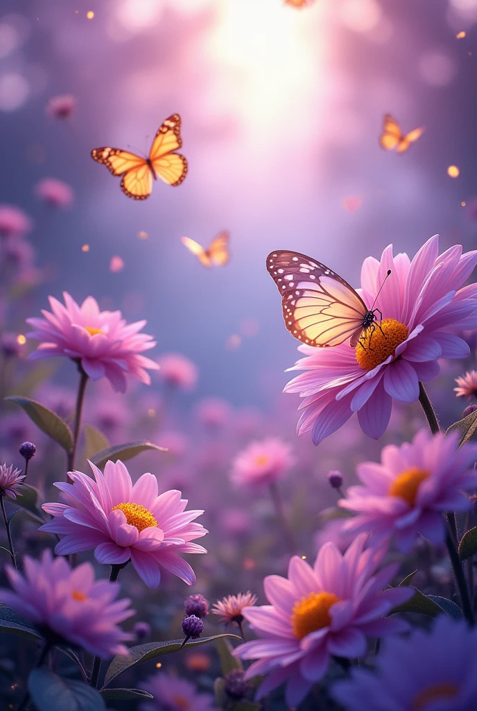 kawai background,beautiful,blooming flowers,purple color shades,flying butterflies,gold dusted in every where,