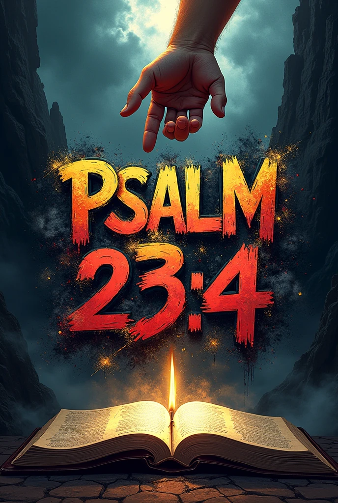 Generate me some picture of a bible verse Psalm 23:4  "Even though I walk through the valley of the shadow of death, I will fear no evil, for you are with me; your rod and your staff, they comfort me" in graffiti letters and include the Bible and the hand of Jesus
