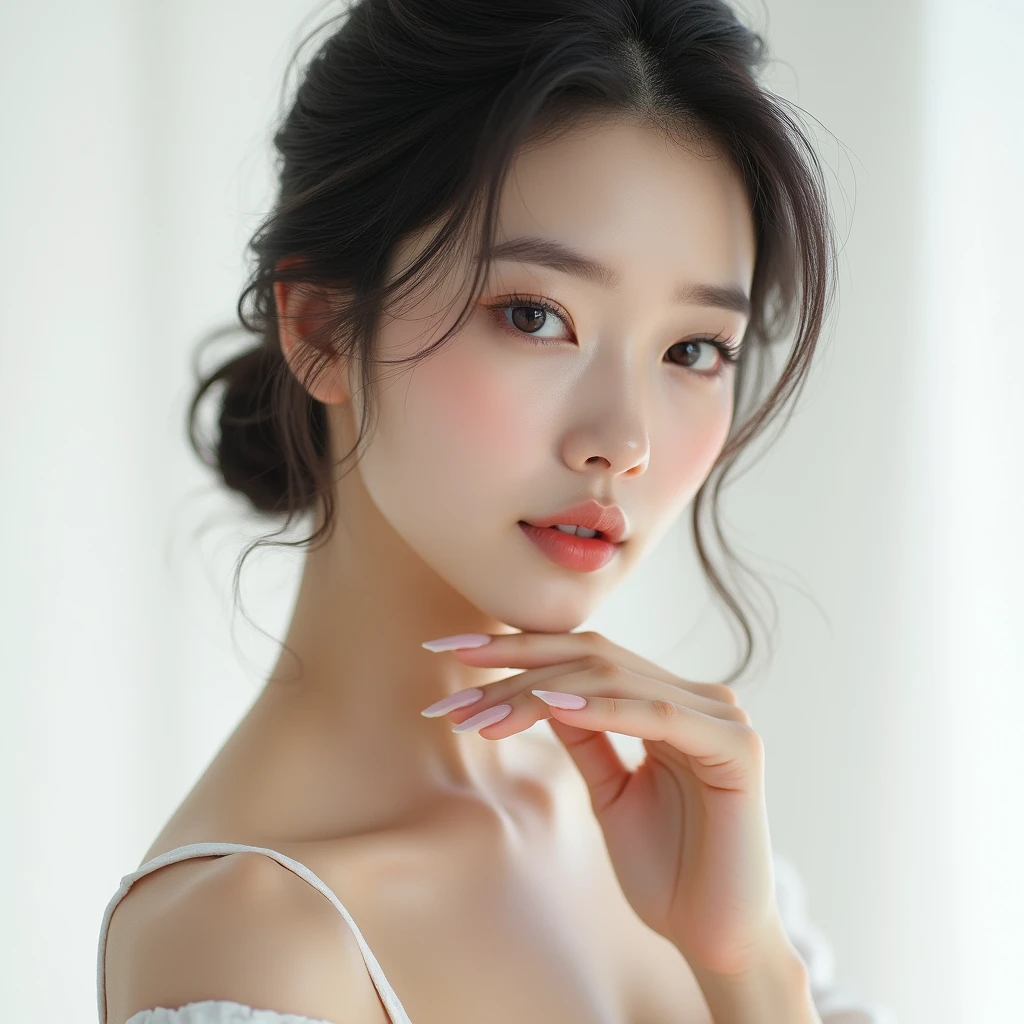 "A young Korean woman in her early to mid-20s is captured against a white background, with the focus on her upper body. Her appearance has a slightly exotic allure, enhanced by elegant makeup that highlights her natural beauty. Her posture and expression exude grace and sophistication, perfectly showcasing her refined elegance."