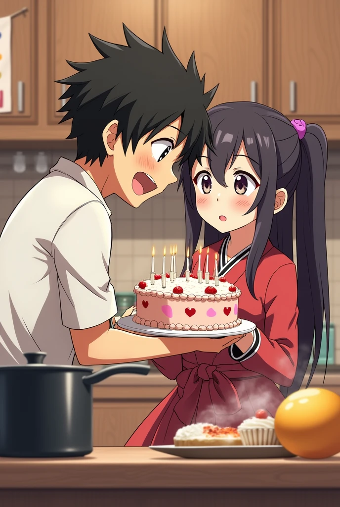 Create an art of Tanjiro holding a birthday cake, with Nezuko in the kitchen, and Tanjiro arriving with the cake saying happy birthday to Nezuko, arte de Demon slayer