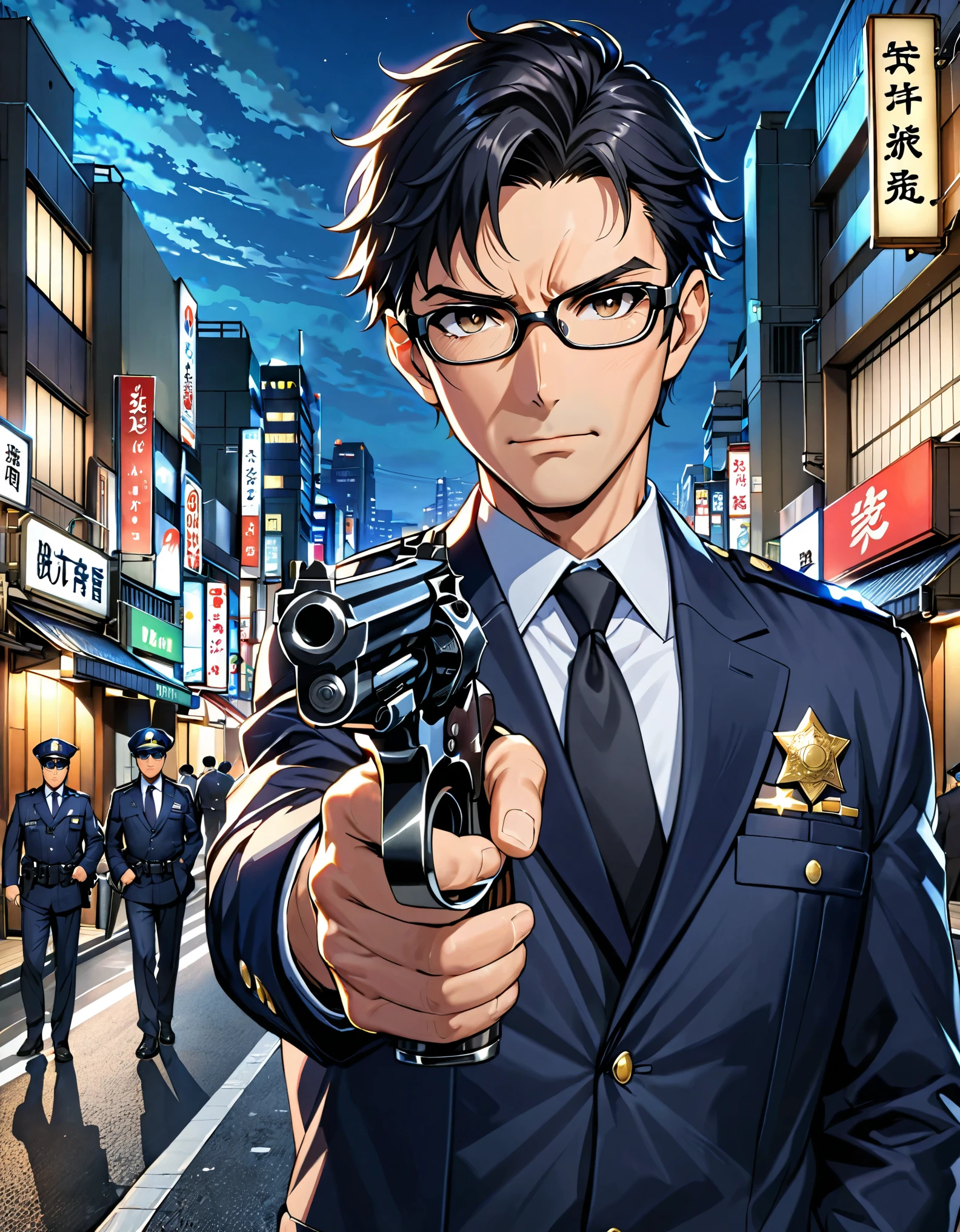 (masterpiece), (best quality), (high res), 1man, solo, solo focus, (middle-aged adult, age fifty-two, light facial wrinkles, medium-fit build), anime style, semi-realistic, Japanese policeman, suit and tie, police uniform, police captain, police commissioner, (jet black hair, short hair, low fade hair), hazel eyes, glasses, black-framed eyewear, fix hands. serious expression, looking at viewer, (holding a gun with one hand, trigger discipline, swm29 revolver, aiming at viewer), Tokyo city street backdrop, Tokyo street backdrop, nighttime, noir atmosphere. alert, standing.